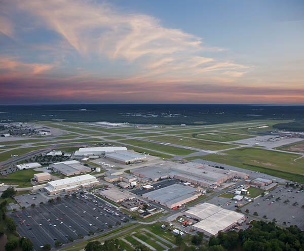 An aerial view of Gulfstream headquarters in Savannah, Georgia, at sunset.