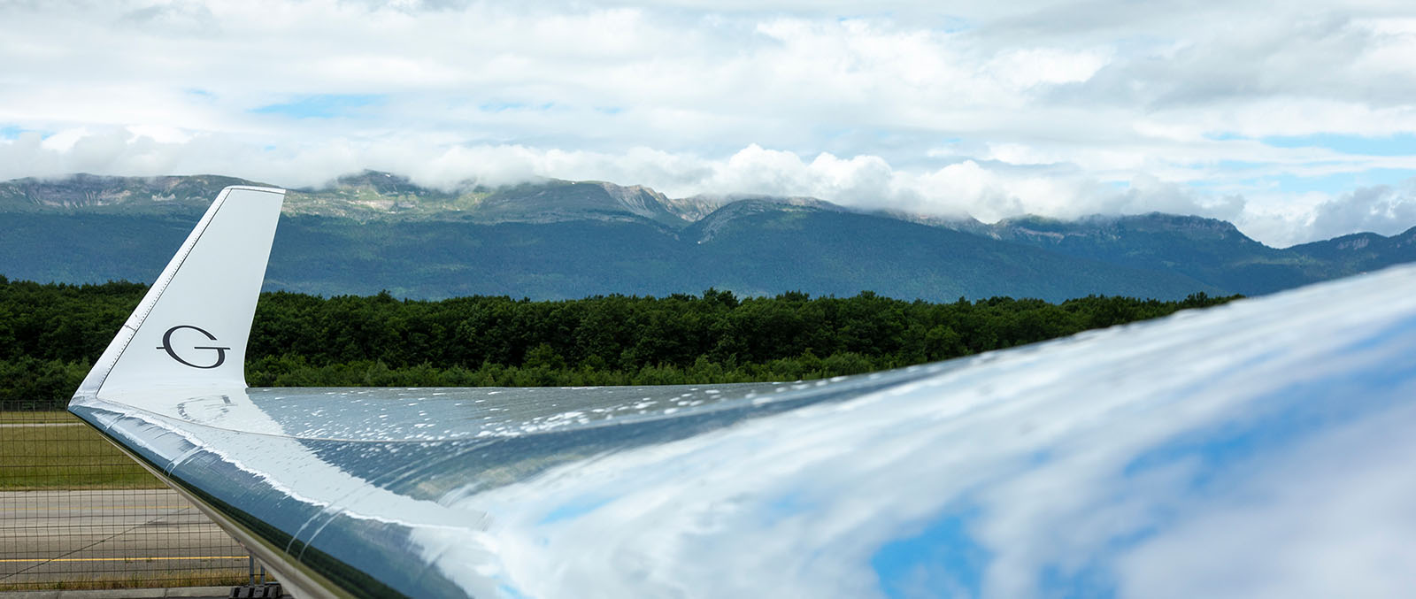 A Gulfsream wing and winglet in recent rain on the tarmac at EBACE.